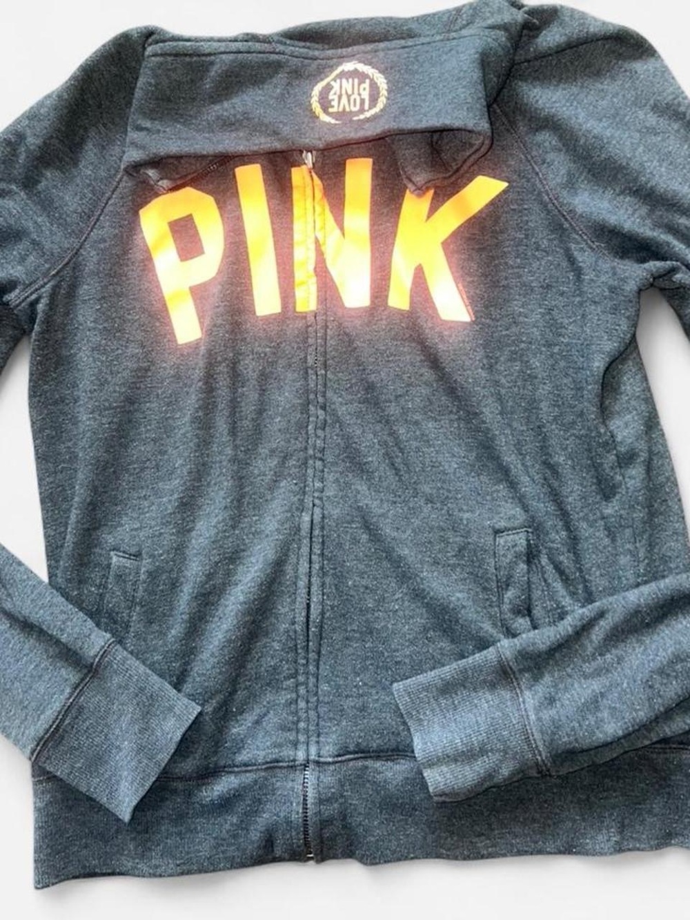Vintage PINK Victoria's Secre Charcoal Zip Hoodie with Neon Orange Logo size S